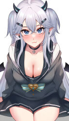 Rule 34 | 1girl, black choker, black horns, black sailor collar, black skirt, black wings, blue bow, blush, bow, breasts, choker, closed mouth, collarbone, crossed bangs, earrings, fang, grey eyes, grey hair, grey sweater, hair between eyes, hair ornament, hairclip, highres, hioka h, horns, indie virtual youtuber, jewelry, large breasts, long hair, miniskirt, pointy ears, sailor collar, shirt, sitting, skin fang, skirt, skull choker, solo, sweater, thighs, two side up, vei (vtuber), vei (vtuber) (11th costume), virtual youtuber, white shirt, wings