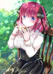 Rule 34 | 1girl, black bow, black ribbon, black skirt, blowing steam, blue eyes, blunt bangs, blush, bow, breasts, butterfly hair ornament, chair, cup, eyebrows hidden by hair, frilled skirt, frills, go-toubun no hanayome, hair ornament, high-waist skirt, holding, holding cup, lace, large breasts, looking at viewer, nail polish, nakano nino, norarikurari333, parted lips, pink hair, plant, ribbon, shirt, sitting, skirt, steam, tea, teacup, twintails, white shirt