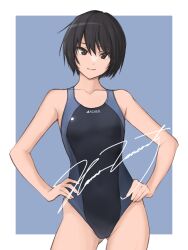 Rule 34 | 1girl, amagami, black eyes, black hair, black one-piece swimsuit, blue background, blue one-piece swimsuit, border, breasts, cleavage, closed mouth, competition swimsuit, covered navel, cowboy shot, gluteal fold, hand on own hip, hanna lancaster, highleg, highleg swimsuit, highres, looking at viewer, nanasaki ai, one-piece swimsuit, outside border, short hair, signature, small breasts, solo, swimsuit, two-tone background, two-tone swimsuit, white border