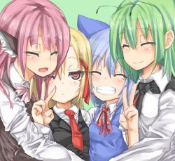 Rule 34 | 4girls, animal ears, antennae, bad id, bad pixiv id, blonde hair, blue hair, blush, bow, bowtie, cirno, closed eyes, green background, green hair, grin, hair ornament, hair ribbon, long sleeves, looking at viewer, masuo, multiple girls, mystia lorelei, necktie, no headwear, one eye closed, open mouth, pink hair, puffy sleeves, red eyes, red necktie, ribbon, rumia, shirt, short hair, short sleeves, simple background, smile, team 9 (touhou), touhou, upper body, v, vest, wriggle nightbug