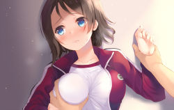Rule 34 | 10s, 1girl, blue eyes, blush, breasts, brown hair, closed mouth, clothes writing, collarbone, eyes visible through hair, frown, grabbing, grabbing another&#039;s breast, gym uniform, holding another&#039;s wrist, jacket, komone ushio, long sleeves, looking down, looking to the side, love live!, love live! sunshine!!, medium breasts, open clothes, open jacket, pov, red jacket, shirt, short hair, solo focus, sweat, tareme, track jacket, upper body, watanabe you, white shirt