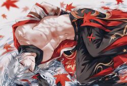 Rule 34 | 1boy, abs, armor, bandaged arm, bandages, black pants, blood, blood from mouth, blood on face, bound, devil heavens, falling leaves, feet out of frame, genshin impact, grey hair, hair between eyes, highres, japanese armor, japanese clothes, kaedehara kazuha, kimono, leaf, lying, male focus, maple leaf, multicolored hair, muscular, muscular male, navel, nipples, on ground, on side, pants, partially submerged, red eyes, red hair, red kimono, solo, streaked hair, tied up (nonsexual), v-shaped eyebrows, water