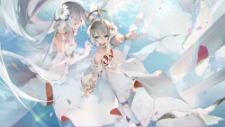 Rule 34 | 2girls, ankle strap, anniversary, bare shoulders, benghuai xueyuan, bird, breasts, cecilia schariac, character request, check character, choker, cleavage, closed mouth, column, detached sleeves, dress, elbow gloves, floating hair, flower, gloves, hair flower, hair ornament, highres, honkai (series), long hair, multiple girls, petals, pillar, see-through, smile, strapless, strapless dress, theresa apocalypse, tracyton, veil, very long hair, white dress, white flower, white gloves, white legwear, wind
