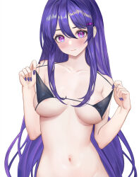 Rule 34 | 1girl, absurdres, bikini, black bikini, blush, breasts, collarbone, commentary, doki doki literature club, groin, hair ornament, hairclip, head tilt, highres, large breasts, long hair, looking at viewer, nail polish, navel, purple eyes, purple hair, purple nails, simple background, solo, stomach, swimsuit, upper body, very long hair, white background, yami (rear4742), yuri (doki doki literature club)