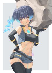 Rule 34 | 1girl, absurdres, armpit crease, belt, black tank top, black thighhighs, blue hair, blush, body markings, border, breasts, commentary request, fiery hair, grey background, hand on own hip, highres, holding, holding rock, looking at viewer, medium hair, navel, ponytail, revvie, rock, sena (xenoblade), short shorts, shorts, signature, simple background, small breasts, smile, solo, tank top, thighhighs, white border, xenoblade chronicles (series), xenoblade chronicles 3