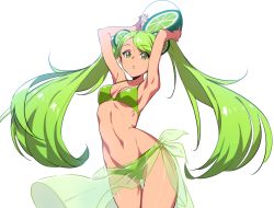 Rule 34 | 1girl, armpits, arms up, bad id, bad twitter id, ball, beachball, bikini, breasts, carrying overhead, contrapposto, cookie run, cowboy shot, floating hair, food, fruit, green bikini, green eyes, green hair, green theme, groin, hair ornament, lime (fruit), lime cookie, long hair, matching hair/eyes, navel, original, parted lips, sarong, see-through, simple background, small breasts, solo, standing, supernew, swept bangs, swimsuit, thigh gap, twintails, very long hair, white background