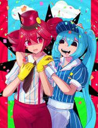 Rule 34 | 2girls, absurdres, apron, arm around neck, black eyes, black necktie, blue hair, blue shirt, blue sky, cloud, collared shirt, commentary, confetti, cowboy shot, drill hair, empty eyes, english commentary, flat chest, gloves, hat, hatsune miku, highres, kasane teto, long hair, looking at another, looking to the side, mesmerizer (vocaloid), mixed-language commentary, multiple girls, necktie, open mouth, pants, red eyes, red hair, red hat, red pants, shaded face, sharp teeth, shirt, short hair, sky, smile, smiley face, spiral background, striped clothes, striped shirt, suspenders, tchairss, teeth, tongue, tongue out, top hat, twin drills, twintails, utau, very long hair, visor cap, vocaloid, waist apron, white apron, white shirt, wrist cuffs, yellow gloves