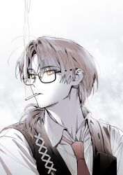 Rule 34 | 1boy, absurdres, brown hair, cigarette, facial hair, glasses, gregor (project moon), highres, limbus company, low ponytail, male focus, necktie, ponytail, project moon, shirt, smoke, solo, stubble, vest, vroomvroom ing, white shirt, yellow eyes