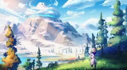 1girl albedo_(genshin_impact) artist_request blonde_hair cart cloud cloudy_sky day forest genshin_impact grass hill lake landscape mountain mountainous_horizon nature outdoors scenery sky standing tagme tree