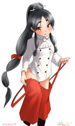 Rule 34 | 1girl, black hair, blush, brown eyes, dressing, high ponytail, kantai collection, long hair, long sleeves, multi-tied hair, nisshin (kancolle), official alternate costume, pants, ray.s, red ribbon, ribbon, shirt, short eyebrows, smile, solo, suspenders, thick eyebrows, very long hair, white shirt