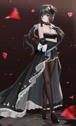 Rule 34 | 1girl, absurdres, adapted costume, alternate costume, alternate eye color, alternate hair color, azur lane, bad id, bad pixiv id, bare shoulders, black dress, black footwear, black hair, black pantyhose, blunt bangs, blurry, blurry foreground, blush, bow, breasts, choker, cleavage, crossed legs, dress, dress bow, elbow gloves, flower, full body, gloves, hair ornament, hair ribbon, hand on own face, head tilt, high heels, highres, holding, holding flower, illustrious (azur lane), large breasts, lazy guang guang, long hair, looking at viewer, low twintails, mole, mole under eye, pantyhose, parted lips, petals, petals on liquid, red eyes, red flower, red rose, ribbon, ripples, rose, smile, strapless, strapless dress, twintails, watson cross