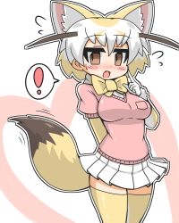 Rule 34 | !, 1girl, animal ear fluff, animal ears, arm behind back, blonde hair, blush, blush stickers, breast pocket, brown eyes, brown hair, chibi, cowboy shot, elbow gloves, extra ears, fang, fennec (kemono friends), finger to cheek, flustered, flying sweatdrops, fox ears, fox girl, fox tail, fur trim, gloves, hair between eyes, hand up, index finger raised, kemono friends, looking at viewer, medium hair, microskirt, multicolored hair, nose blush, open mouth, outline, pink sweater, pleated skirt, pocket, short-sleeved sweater, short sleeves, skirt, solo, spoken exclamation mark, sweater, tail, thighhighs, tsurime, white hair, white outline, white skirt, wirou, yellow thighhighs, zettai ryouiki