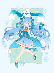 Rule 34 | 1girl, blue dress, blue eyes, blue footwear, blue gloves, blue hair, blue sleeves, bow, detached sleeves, dress, earrings, fingerless gloves, footwear bow, frilled dress, frills, gloves, hair bow, hair ornament, hairclip, hatsune miku, highres, holding, holding wand, jewelry, long hair, melanbread, musical note, musical note print, neck ribbon, open mouth, outstretched arm, rabbit, rabbit yukine, ribbon, scarf, shoes, smile, snow, snowflakes, star (symbol), star earrings, striped, striped bow, thigh bow, thigh strap, twintails, very long hair, vocaloid, wand, yuki miku, yuki miku (2017)
