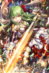 Rule 34 | 1girl, :d, ahoge, armored boots, black sleeves, black thighhighs, boots, bow, breasts, cleavage, copyright name, detached sleeves, dress, feathers, floating hair, gabiran, gauntlets, grand sphere, green hair, hair between eyes, hair bow, half updo, holding, holding sword, holding weapon, indoors, layered dress, long hair, long sleeves, looking at viewer, medium breasts, mole, mole under eye, open mouth, red bow, red eyes, running, smile, solo, sword, thigh boots, thighhighs, very long hair, weapon, white dress, white feathers, white footwear