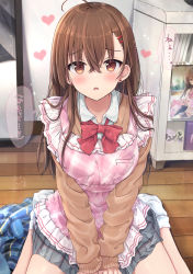 Rule 34 | 1girl, ahoge, apron, blush, bow, brown cardigan, brown eyes, brown hair, cardigan, collared shirt, commentary request, dress shirt, earrings, grey skirt, hair between eyes, hair ornament, hairclip, heart, highres, indoors, jewelry, long hair, maruma (maruma gic), no shoes, on floor, original, parted lips, pink apron, plaid, plaid apron, plaid skirt, pleated skirt, red bow, school uniform, shirt, sitting, skirt, socks, solo, stud earrings, translation request, very long hair, wariza, white shirt, white socks, wooden floor