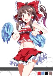 Rule 34 | 1girl, alternate costume, blush, bow, brown hair, character name, cheerleader, color guide, e.o., frills, hair bow, hair tubes, hakurei reimu, highres, jpeg artifacts, looking at viewer, midriff, miniskirt, navel, open mouth, pom pom (cheerleading), ponytail, red eyes, shirt, short hair, simple background, skirt, skirt set, sleeveless, smile, solo, touhou, white background, wrist cuffs