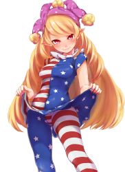 Rule 34 | &gt;:), 1girl, absurdres, american flag dress, american flag legwear, blonde hair, blush, breasts, closed mouth, clothes lift, clownpiece, covered navel, dress, dress lift, hat, head tilt, highres, jester cap, lifted by self, long hair, medium breasts, nail polish, neck ruff, omizu chihiro, pantyhose, pointy ears, polka dot, red eyes, short dress, short sleeves, simple background, smile, solo, standing, star (symbol), star print, striped clothes, striped dress, striped pantyhose, swept bangs, touhou, v-shaped eyebrows, very long hair, white background