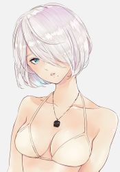 Rule 34 | 1girl, bare shoulders, bikini, breasts, collarbone, green eyes, grey background, hair over one eye, jewelry, looking at viewer, mole, mole under mouth, necklace, nier (series), nier:automata, sami (3a3i3a3i), silver hair, simple background, solo, swimsuit, yellow bikini, 2b (nier:automata)