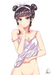 Rule 34 | 10s, 1girl, absurdres, alternate hairstyle, artist name, black hair, blush, bottomless, bow, breasts, cleavage, double bun, green eyes, hair bow, hair bun, hair ornament, hairclip, highres, hime cut, kaya (yoshina9), kurosawa dia, large breasts, looking at viewer, love live!, love live! sunshine!!, mole, mole under mouth, navel, off shoulder, out-of-frame censoring, short hair, simple background, solo, standing, strap slip, white background
