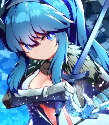 Rule 34 | 1girl, auris (sequel), black hairband, blue eyes, blue gloves, blue hair, bra, breasts, bright pupils, cleavage, closed mouth, coat, flower, frown, fur collar, gauntlets, gloves, grey bra, hair between eyes, hairband, holding, holding sword, holding weapon, kredorf, light particles, long hair, long sleeves, medium breasts, midriff, navel, ribbed gloves, sequel (series), sequel colony, sidelocks, solo, sword, underwear, v-shaped eyebrows, weapon, white coat, white flower, white pupils