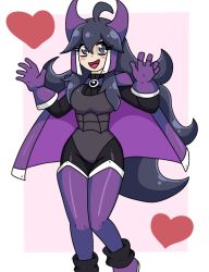 Rule 34 | 1girl, @ @, ahoge, alternate costume, arms up, black leotard, black pantyhose, blush, boots, border, breasts, creatures (company), game freak, gloves, happy, heart, hex maniac (pokemon), knees together feet apart, leotard, long hair, looking to the side, matching hair/eyes, medium breasts, nintendo, npc trainer, open mouth, pantyhose, pink background, pokemon, pokemon xy, purple eyes, purple footwear, purple gloves, purple hair, purple thighhighs, putri (somedude1727), simple background, smile, solo, standing, thigh boots, thighhighs, white border