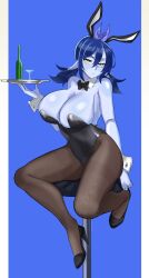 Rule 34 | 1girl, absurdres, animal ears, artist request, bare shoulders, blue background, blue hair, blue skin, bored, bottle, breasts, colored skin, fake animal ears, full body, glass, heels, highres, huge breasts, leotard, looking at viewer, original, pantyhose, playboy bunny, pointy ears, sitting, tray, wrist cuffs, yellow eyes