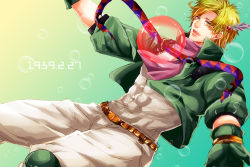 Rule 34 | 1boy, battle tendency, belt, blonde hair, blood, bubble, caesar anthonio zeppeli, cropped jacket, dated, death, facial mark, falling, feather hair ornament, feathers, fingerless gloves, gloves, green eyes, green jacket, hair ornament, unworn headwear, hydrokinesis, jacket, jewelry, jojo no kimyou na bouken, knee pads, male focus, pants, petennshi, ribbon, ring, scarf, solo, spoilers, tears, water, white pants