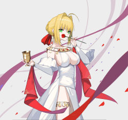 Rule 34 | 1girl, ahoge, blonde hair, breasts, chalice, commentary request, cup, detached sleeves, fate/grand order, fate (series), flower, green eyes, hair intakes, hair ribbon, highres, large breasts, looking at viewer, nail polish, nero claudius (fate), nero claudius (fate) (all), nero claudius (fate/extra), nero claudius (formal dress) (fate), official alternate costume, petals, ribbon, rikui (rella2930), rose, solo, thighlet