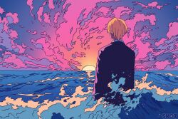 Rule 34 | 1boy, absurdres, blonde hair, formal, from behind, highres, ocean, one piece, pink clouds, sanji (one piece), suit, sun, sunset, wading