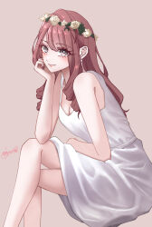 Rule 34 | 1girl, breasts, brown hair, cleavage, closed mouth, commentary request, crossed legs, dress, drill hair, drill sidelocks, earrings, grey eyes, head rest, head wreath, highres, invisible chair, jewelry, long hair, looking at viewer, medium breasts, original, sakashima 0822, sidelocks, signature, sitting, sleeveless, sleeveless dress, solo, white dress