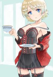 Rule 34 | 1girl, adapted costume, black dress, black panties, black thighhighs, blonde hair, blue eyes, bow legwear, braid, breasts, bustier, commentary, cowboy shot, cup, darjeeling (girls und panzer), dress, garter straps, girls und panzer, gluteal fold, highleg, highleg panties, holding, holding cup, holding saucer, jacket, lace, lace-trimmed dress, lace-trimmed legwear, lace-trimmed panties, lace-up, lace trim, lingerie, long sleeves, looking at viewer, medium breasts, microdress, military jacket, off shoulder, open clothes, open jacket, panties, parted lips, red jacket, saucer, school uniform, see-through, short hair, solo, spaghetti strap, st. gloriana&#039;s military uniform, standing, strap slip, teacup, thighhighs, twin braids, underwear, yurikuta tsukumi