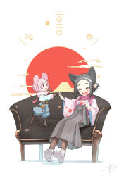 Rule 34 | 2girls, :d, ^ ^, animal ears, black hair, blue pants, blue shirt, blunt bangs, blush, bob cut, boots, brown footwear, brown gloves, brown legwear, chinese zodiac, closed eyes, commentary request, couch, floral print, forehead, gloves, grey hakama, hakama, hakama shorts, hakama skirt, japanese clothes, kimono, knee boots, long sleeves, mini person, minigirl, mouse ears, multiple girls, nengajou, new year, on couch, open mouth, original, pants, pantyhose, parted bangs, pink hair, pink kimono, print kimono, puffy pants, red eyes, shirt, shorts, signature, sitting, skirt, smile, socks, socks over pantyhose, standing, standing on one leg, tabi, white background, white legwear, wide sleeves, year of the rat, yunar