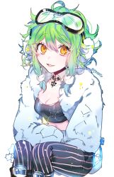 Rule 34 | 1girl, bad id, bad pixiv id, belt, breasts, cleavage, constellation, cropped jacket, detached collar, earmuffs, fur trim, gemini (constellation), green hair, gumi, hair ornament, leo (constellation), looking at viewer, midriff, orange eyes, parted lips, piyo (ppotatto), short hair, simple background, sitting, smile, solo, star (symbol), star print, starry sky print, striped, text focus, vocaloid, white background