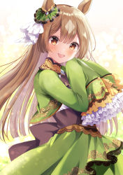 Rule 34 | 1girl, :d, animal ears, ascot, black ascot, blush, bow, brown eyes, brown hair, commentary request, cropped jacket, ear ribbon, frilled sleeves, frills, from side, green jacket, green skirt, hair bow, hand on own cheek, hand on own face, hands up, highres, horse ears, horse girl, jacket, long hair, long sleeves, looking at viewer, looking to the side, open mouth, ribbon, sakura (ichisakupink), satono diamond (umamusume), skirt, sleeves past fingers, sleeves past wrists, smile, solo, umamusume