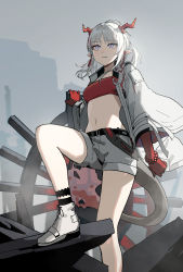 Rule 34 | 1girl, absurdres, arknights, bandeau, breasts, closed mouth, colored skin, earrings, gogalking, grey footwear, grey shorts, highres, horns, jacket, jewelry, knee up, midriff, navel, nian (arknights), open clothes, open jacket, pointy ears, ponytail, purple eyes, red skin, shoes, short shorts, shorts, small breasts, solo, standing, tail, tassel, tassel earrings, thighs, white hair, white jacket, wristband