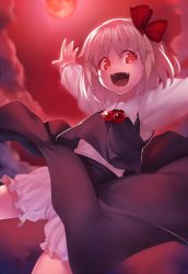 Rule 34 | 1girl, :d, black skirt, black vest, blonde hair, bloomers, cloud, commentary request, cowboy shot, fangs, hair ribbon, kaiza (rider000), long sleeves, looking at viewer, moon, night, night sky, open mouth, outstretched arms, red eyes, red moon, red neckwear, red ribbon, red sky, ribbon, rumia, shirt, short hair, skirt, skirt set, sky, smile, solo, touhou, underwear, vest, white bloomers, white shirt