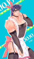 Rule 34 | 1boy, absurdres, alternate hair color, apron, ass, bara, bare shoulders, blue eyes, blush, covered abs, covered navel, covering privates, covering crotch, cowboy shot, crossdressing, covered erect nipples, frilled apron, frills, gradient hair, hair ornament, head tilt, highres, jojo no kimyou na bouken, joseph joestar, joseph joestar (young), large pectorals, male focus, medium hair, multicolored hair, muscular, pectorals, pelvic curtain, purple hair, see-through, see-through sleeves, sideburns, solo, spread legs, thick thighs, thighhighs, thighs, xing xiao