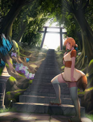 Rule 34 | 1girl, absurdres, animal ears, brown eyes, brown hair, dress, flower, highres, looking at viewer, mmmmmkun, original, outdoors, scenery, short hair, smile, solo, stairs, standing, tail, thighhighs, torii, tree, white thighhighs