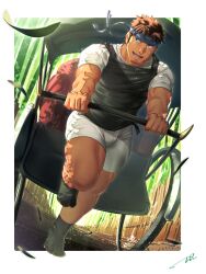 Rule 34 | 1boy, apron, bamboo, bamboo forest, bara, black apron, bulge, facial hair, forest, from below, full body, goatee, headband, highres, large pectorals, leg hair, male focus, muscular, muscular male, nature, original, pectorals, pulling, rickshaw, rickshaw puller cosplay, running, shirt, short hair, shorts, smile, solo, sunlight, sweat, tepen (tptptpn), thick thighs, thighs, white shirt, white shorts