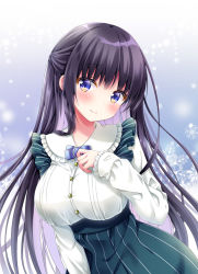 Rule 34 | 1girl, blue bow, blue eyes, blue skirt, blush, bow, breasts, closed mouth, collared shirt, commentary request, dress shirt, frilled shirt collar, frills, hand up, head tilt, large breasts, long hair, long sleeves, looking at viewer, multicolored hair, murasaki (murasakiiro no yoru), original, pink hair, purple hair, shirt, skirt, sleeves past wrists, smile, solo, striped clothes, striped skirt, two-tone hair, vertical-striped clothes, vertical-striped skirt, very long hair, white shirt