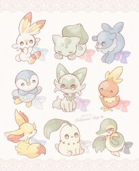 Rule 34 | :3, blue eyes, bow, bulbasaur, chikorita, closed eyes, closed mouth, creatures (company), dated, fennekin, game freak, gen 1 pokemon, gen 2 pokemon, gen 3 pokemon, gen 4 pokemon, gen 5 pokemon, gen 6 pokemon, gen 7 pokemon, gen 8 pokemon, hands up, highres, lying, nintendo, on stomach, one (chirufhy), orange eyes, parted lips, piplup, pokemon, pokemon (creature), popplio, red eyes, scorbunny, sitting, snivy, sprigatito, standing, torchic