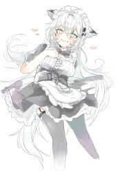 Rule 34 | 1girl, alternate costume, animal ears, arknights, black thighhighs, blush, enmaided, feet out of frame, garter straps, grey eyes, hair ornament, hairclip, heart, highres, lappland (arknights), long hair, looking at viewer, maid, messy hair, parted lips, sato (lappysuki), scar, scar across eye, short sleeves, simple background, smile, solo, thighhighs, white background