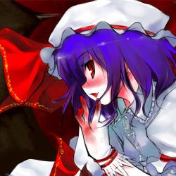 Rule 34 | 1girl, blood, blue hair, earrings, fang, female focus, gloves, hat, jewelry, lowres, ooba kagerou, red eyes, remilia scarlet, solo, touhou