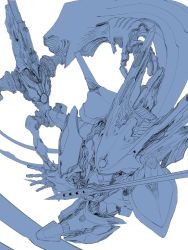 Rule 34 | baronz, blue theme, brain powered, flying, from above, highres, holding, holding sword, holding weapon, mecha, monochrome, nelly brain, no humans, open hand, orrdriver, robot, science fiction, sword, weapon, white background