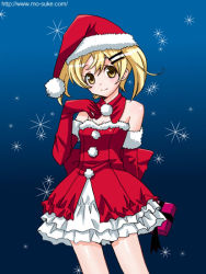 Rule 34 | 1girl, bare shoulders, blonde hair, brown eyes, christmas, collar, collarbone, cowboy shot, detached collar, dress, elbow gloves, gloves, hair ornament, hairclip, hat, looking at viewer, mattaku mousuke, original, pom pom (clothes), red dress, red gloves, santa costume, santa gloves, santa hat, short hair, smile, solo, stamp, standing
