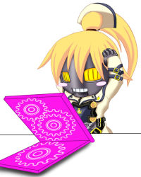 Rule 34 | 1boy, arc system works, belt, blonde hair, blush, blush stickers, chibi, clothed robot, gears, guilty gear, guilty gear xrd, long hair, male focus, parody, ponytail, ribbon, robo-ky, robot, solo