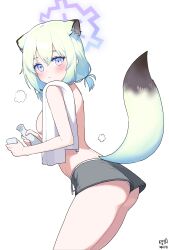 Rule 34 | 1girl, animal ears, ass, blue archive, blush, breasts, closed mouth, cowboy shot, dated, dolphin shorts, green hair, grey shorts, hair between eyes, halo, highres, medium breasts, myeolchi, panties, panty peek, purple eyes, purple halo, shigure (blue archive), short hair, shorts, signature, simple background, solo, tail, towel, underwear, weasel ears, weasel tail, white background, white towel