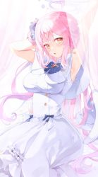 Rule 34 | 1girl, absurdres, arm up, blue archive, blush, breasts, dress, feathered wings, flower, gradient hair, hair bun, hair flower, hair ornament, halo, highres, long hair, looking at viewer, meunhongcha, mika (blue archive), multicolored hair, orange eyes, parted lips, pink hair, purple flower, purple hair, single side bun, sitting, sleeveless, sleeveless dress, solo, stretching, very long hair, white dress, white wings, wings