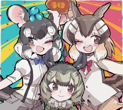Rule 34 | 3girls, ;d, absurdres, animal ears, arm at side, arm up, behind another, black hair, bow, bowtie, brown eyes, brown hair, chinchilla (kemono friends), chipmunk (kemono friends), closed mouth, collared shirt, degu (kemono friends), extra ears, fur collar, green hair, highres, holding, kanmoku-san, kemono friends, long hair, looking at viewer, medium hair, multicolored hair, multiple girls, one eye closed, open mouth, parted bangs, shirt, shorts, sidelocks, smile, suspenders, tail, vest, white hair
