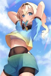 Rule 34 | 1girl, absurdres, anichika, arms up, blonde hair, blue eyes, blue shorts, blue sky, blush, breasts, chest sarashi, closed mouth, cloud, commentary request, cowboy shot, day, from below, gradient shirt, highres, hololive, kazama iroha, long hair, looking at viewer, midriff, mouth hold, ponytail, sarashi, short shorts, short sleeves, shorts, sky, smile, solo, standing, tying hair, virtual youtuber